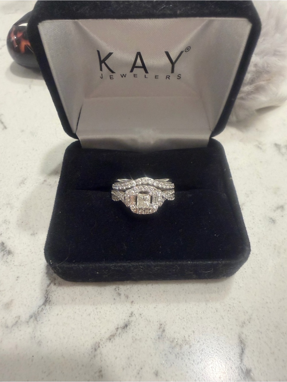 Kay Jewelers White Gold Diamond Halo Engagement Ring Set - Silver Tones